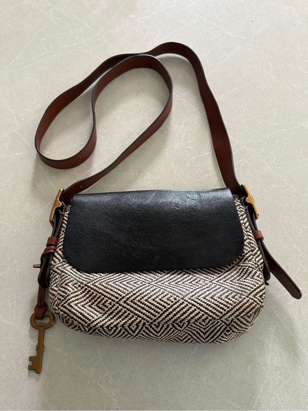 Fossil Harper Small Flap Crossbody Bag Geometric Woven Canvas Black Leather